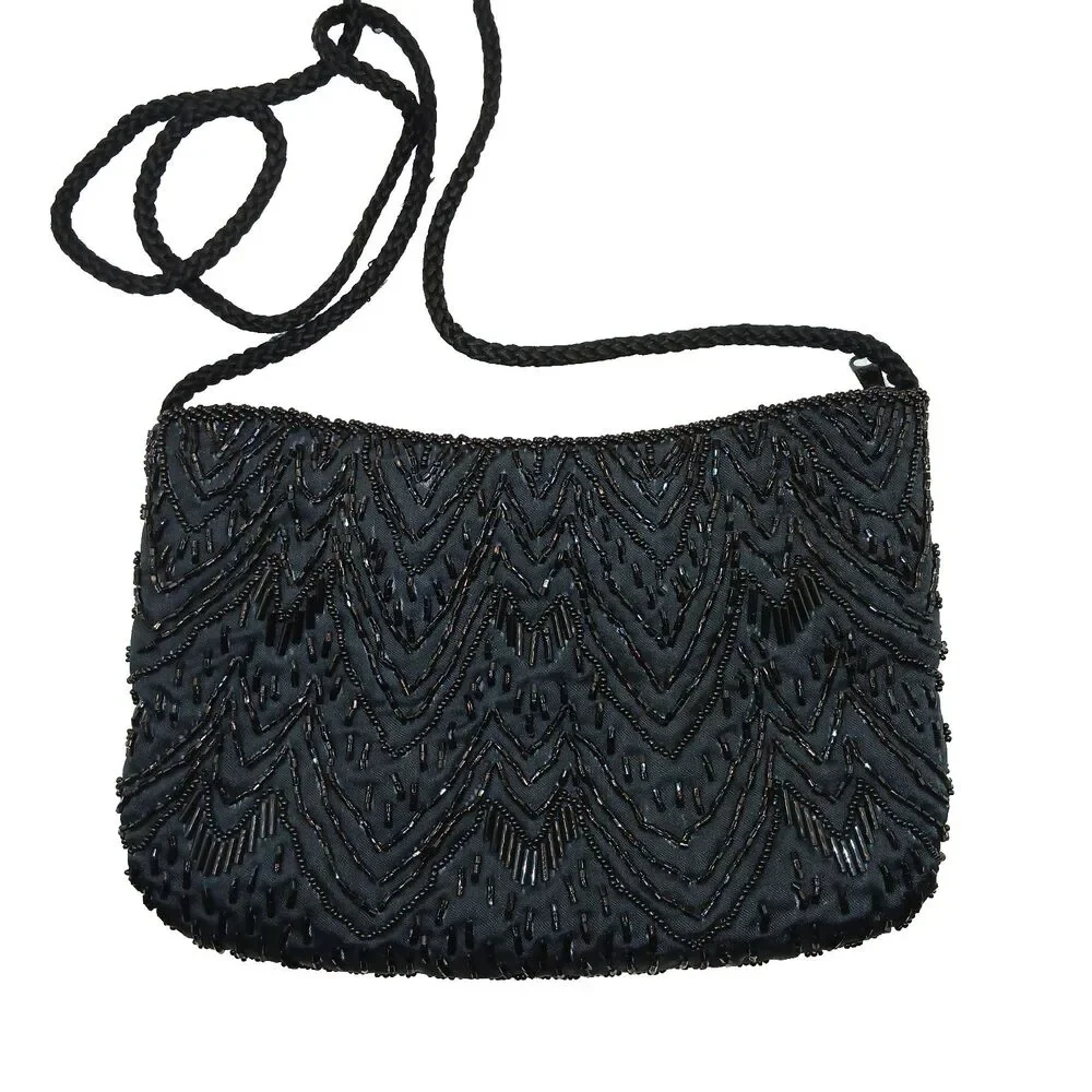 Vintage Carolyne Barton Night Black Beaded Evening Bag Should Strap 5.5x8.25 in